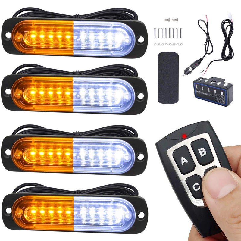 EASE2U E Led Strobe Lights for Trucks Vehicles Suvs,12-24v 4pcs Emergency Warning Caution Hazard Construction Slim Sync Feature Car with Main Control Surface Mount (White Amber) - Image 1
